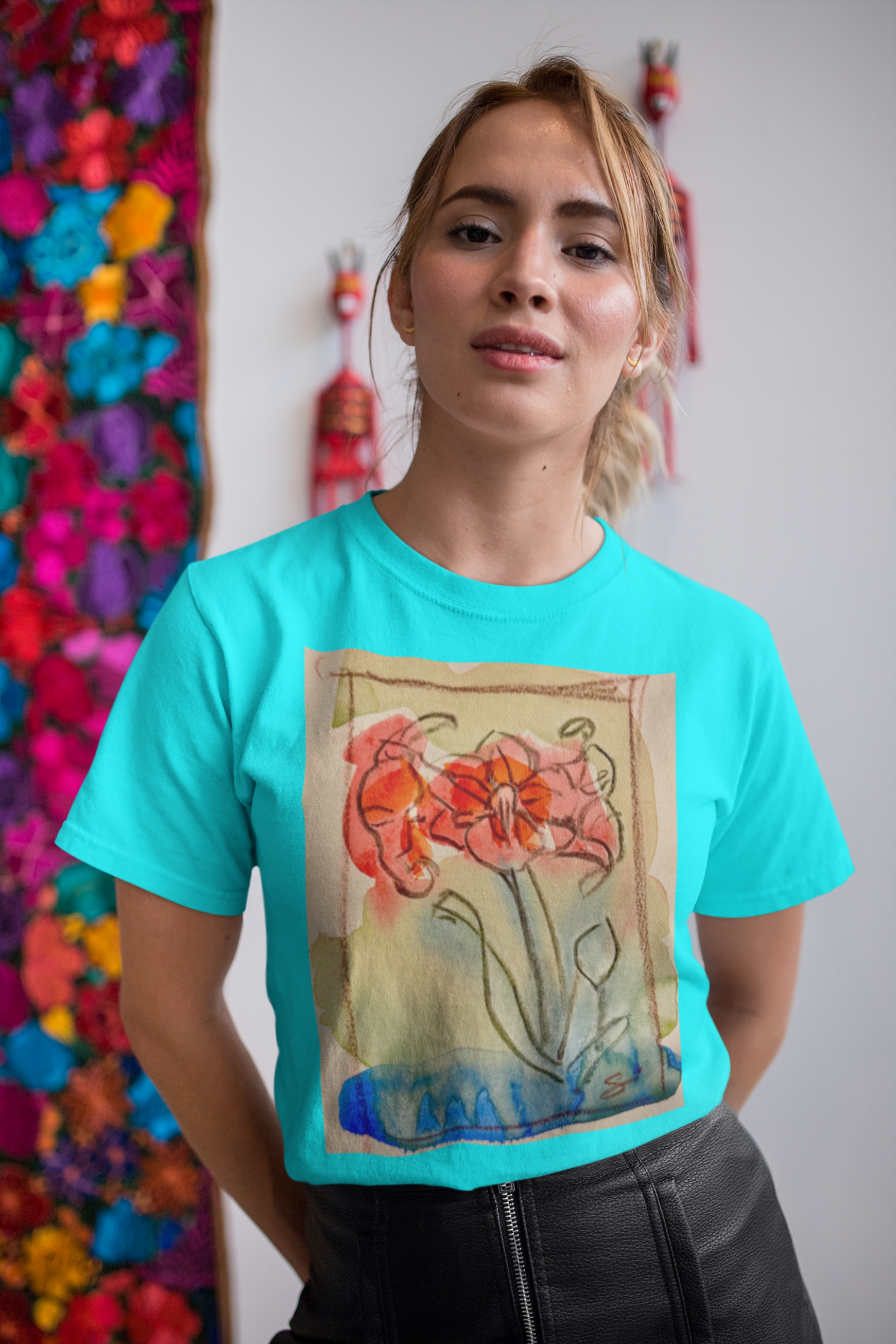 Light Turquoise Blue Tee with Spring Tulip