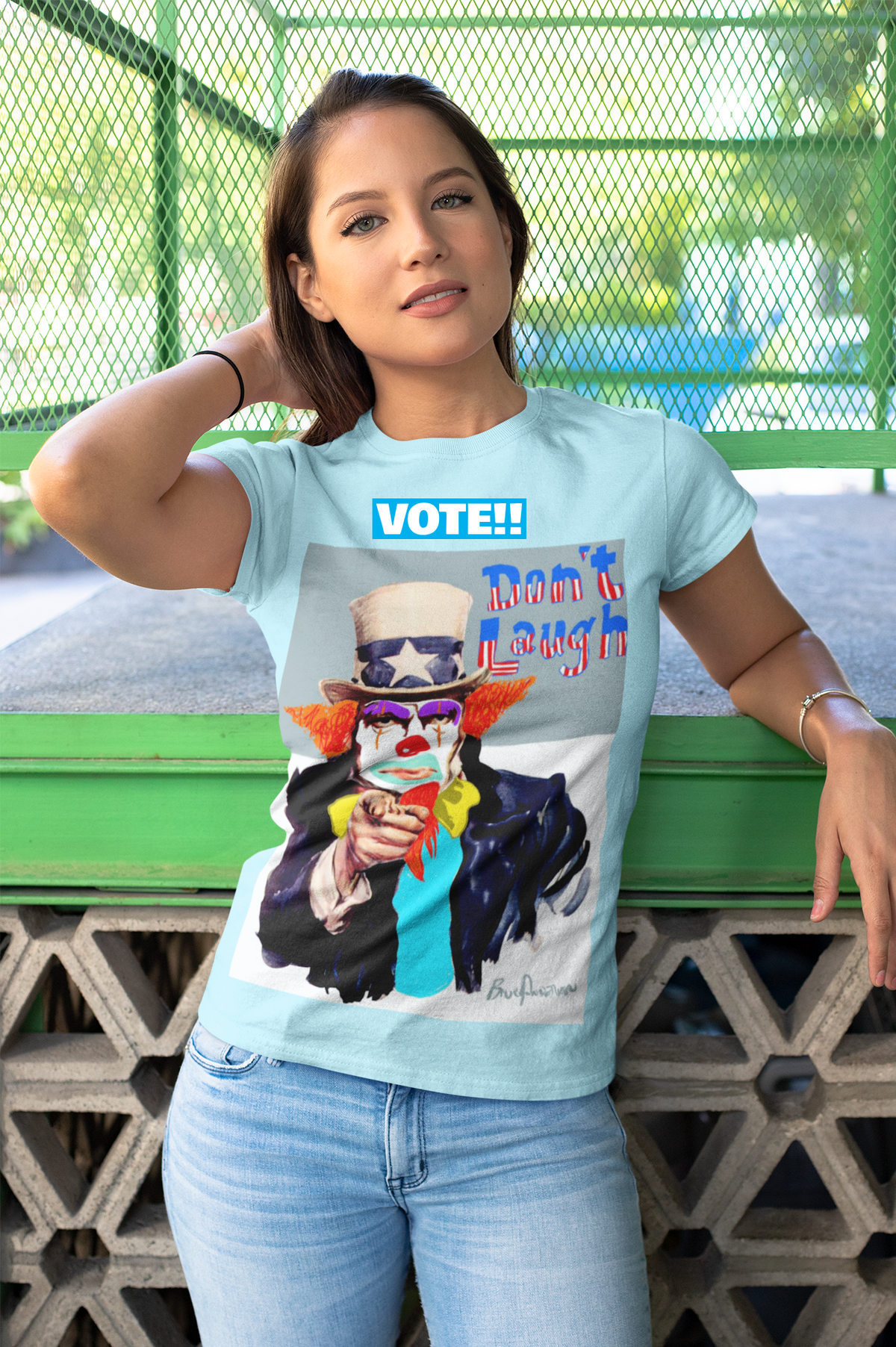 This Clown Wants You! -Powder Blue Short Sleeve Tee Shirt with Bruce Anderson artwork.